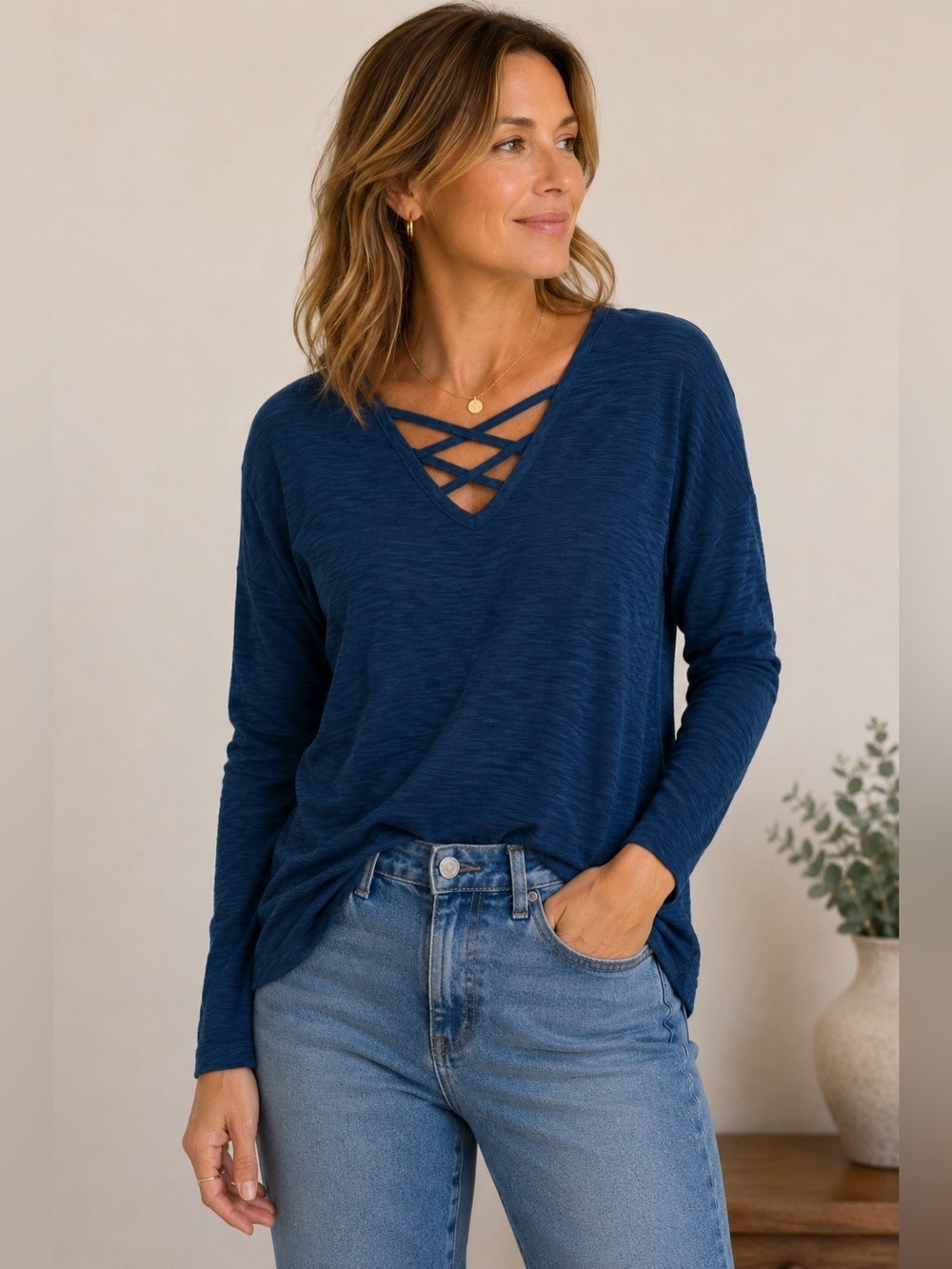 LILLA P Women’s Small Long Sleeve Pima Cotton Modal Criss Cross V-Neck Textured